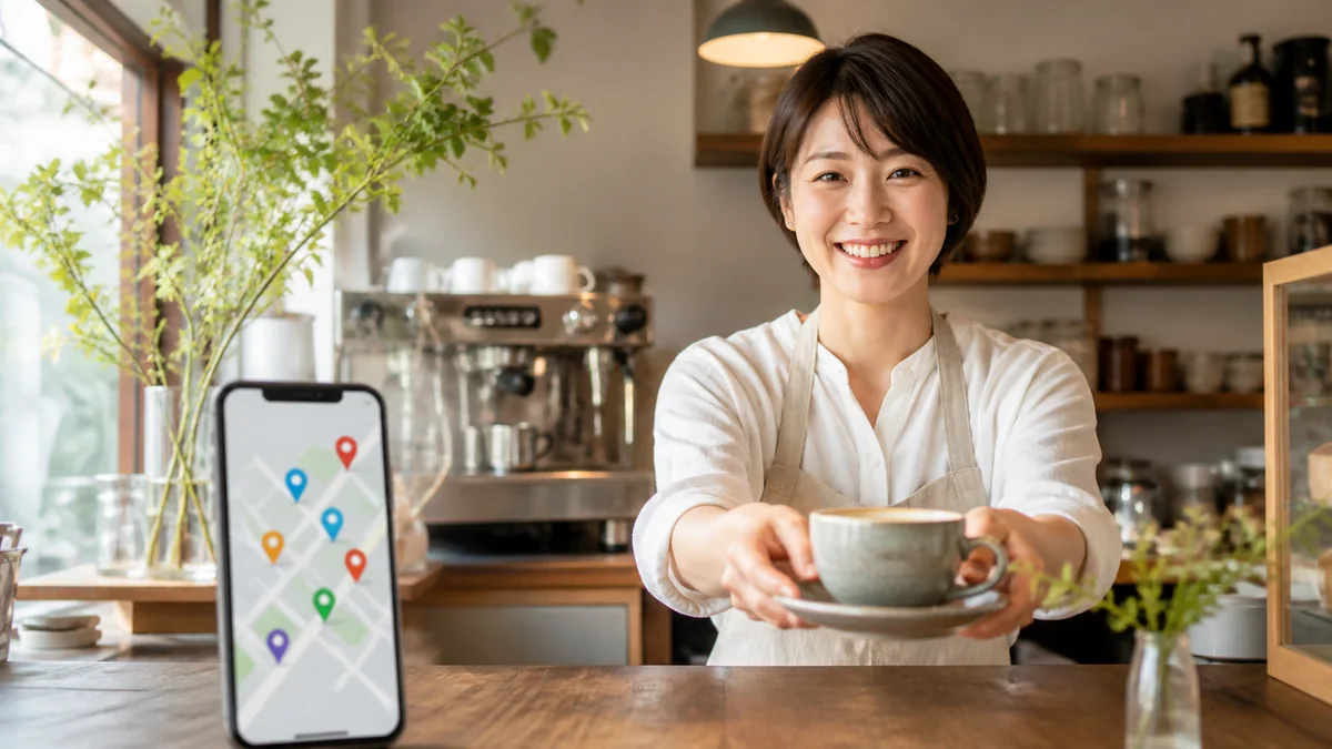 カフェでお客様を迎える店主