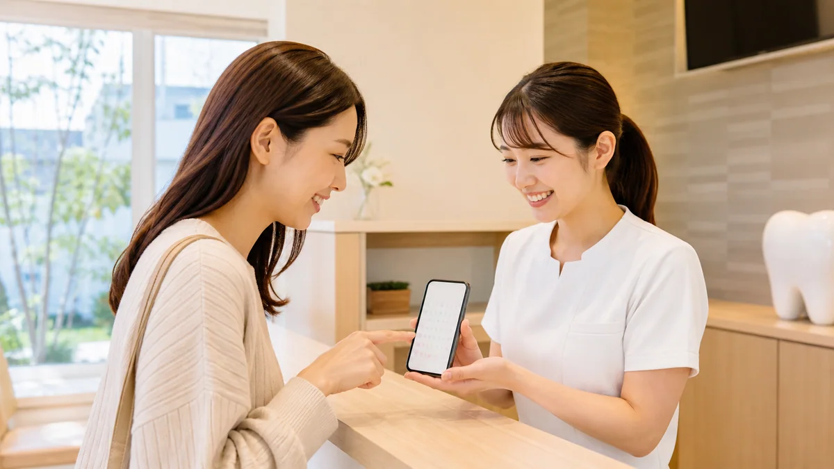 歯科医院で定期検診を案内するスタッフ