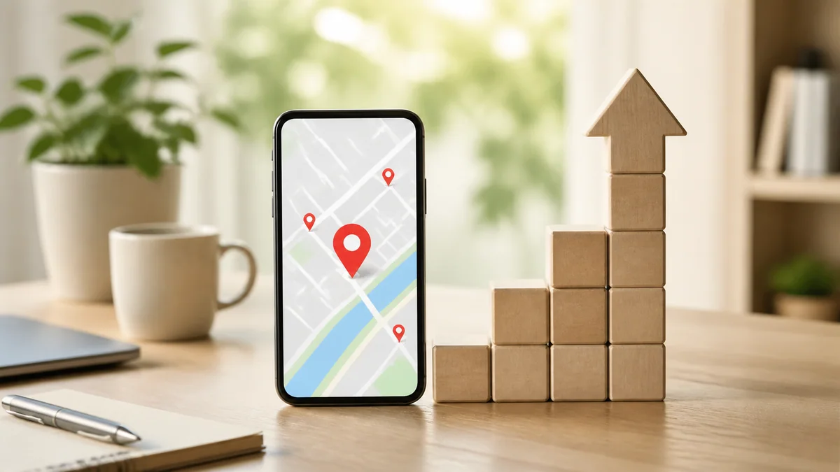 Googleマップでの上位表示をイメージした地図と上向き矢印