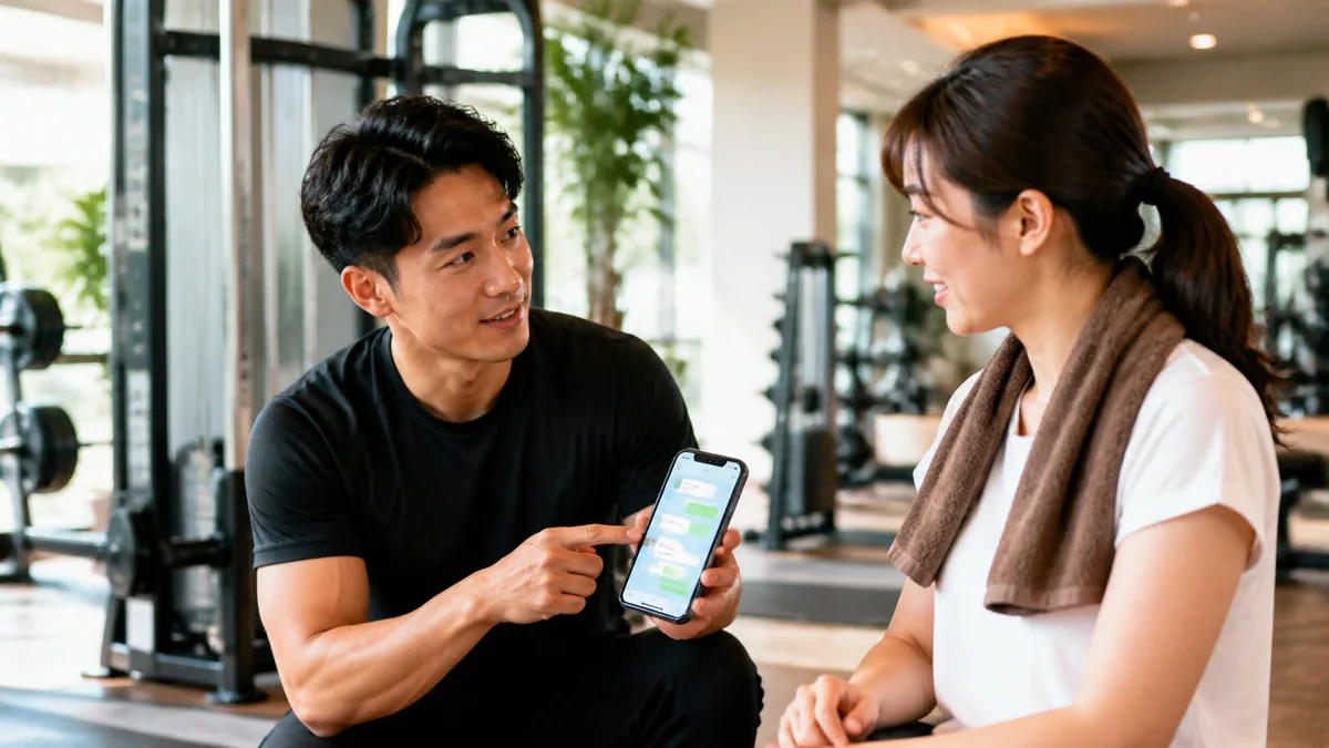 フィットネスジムで会員をサポートするトレーナー