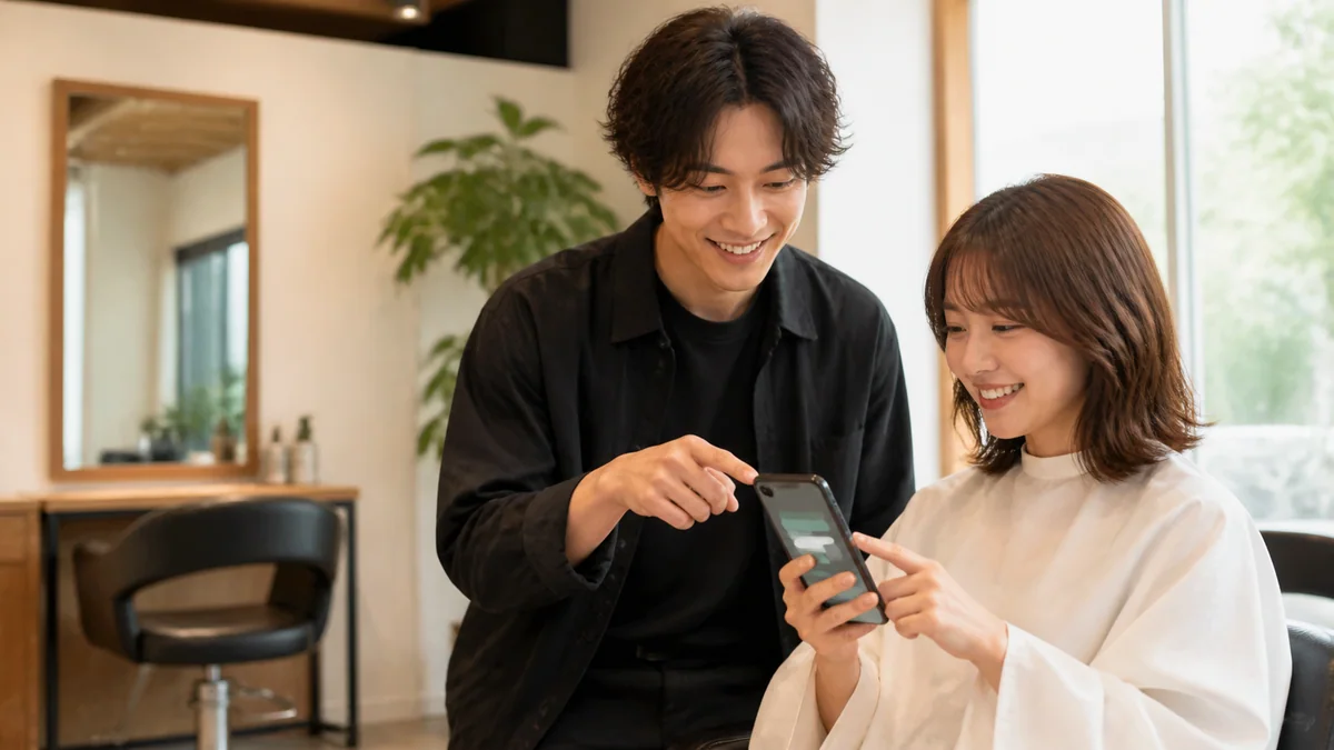 美容室で次回予約を案内する美容師