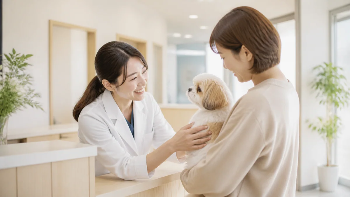 動物病院でペットと飼い主を迎える獣医師